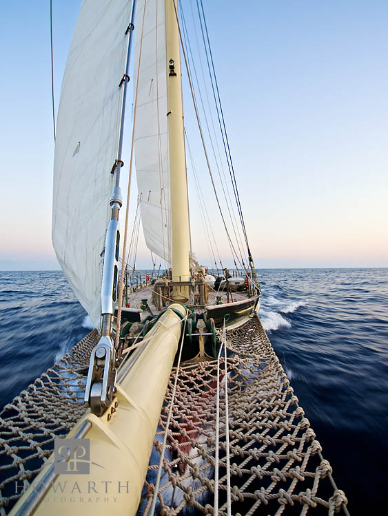 Looking back during evening light on the ship with an exaggerated perspective