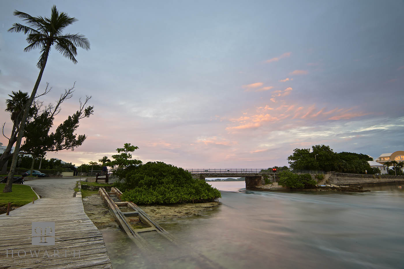 Looking back at the bridge under evening light