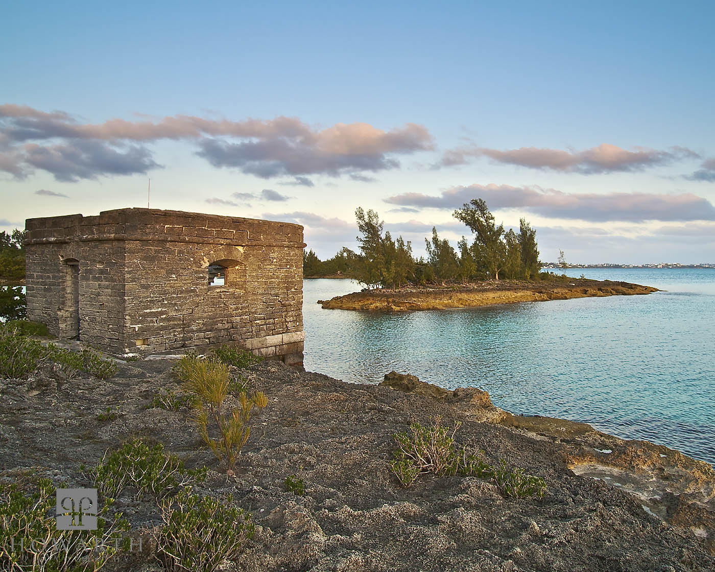 An old ruin on Hospital Island at sunset