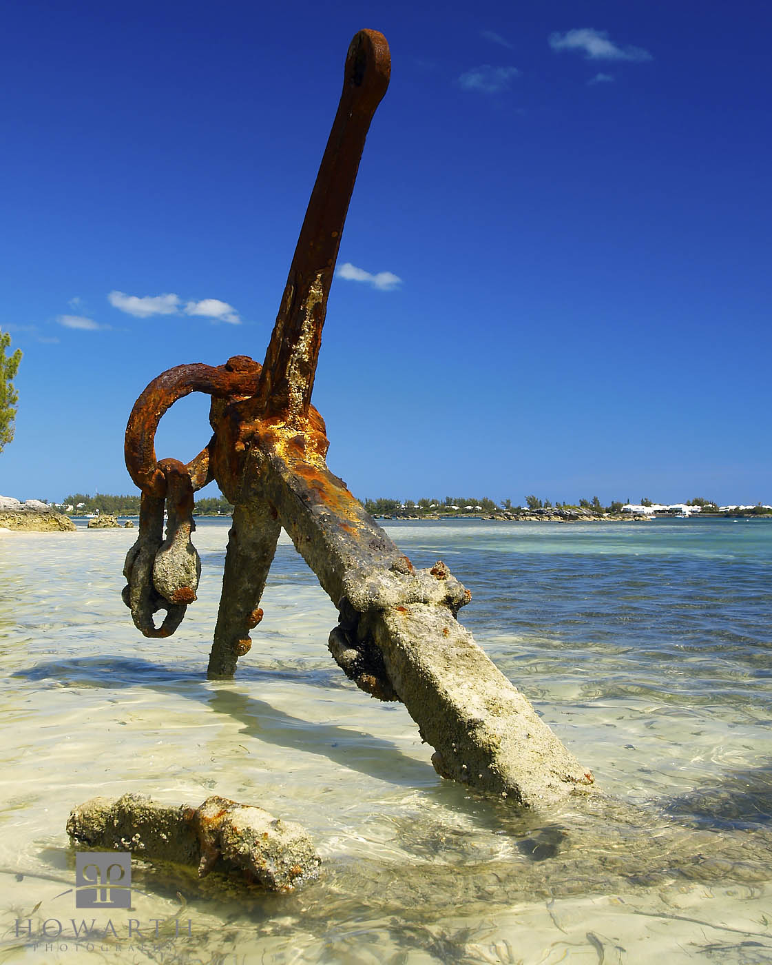 An old, large, ship anchor sits up on the beach outside of Teddy Tucker's house